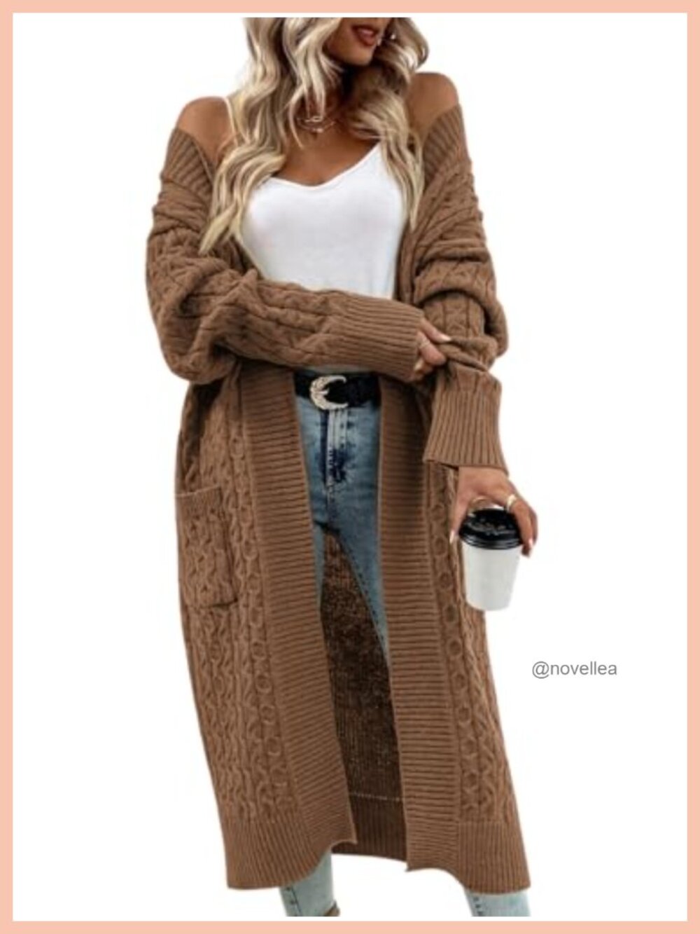 Long Cable Knit Cardigan Sweater Open Front Pockets Loose Fit